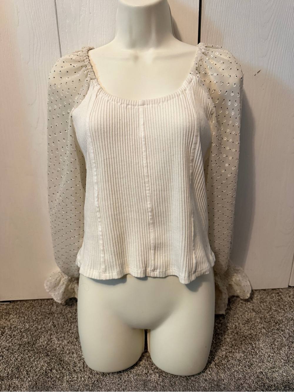 Willow + Root Sheer Puff Sleeve White Ribbed Women’s Top